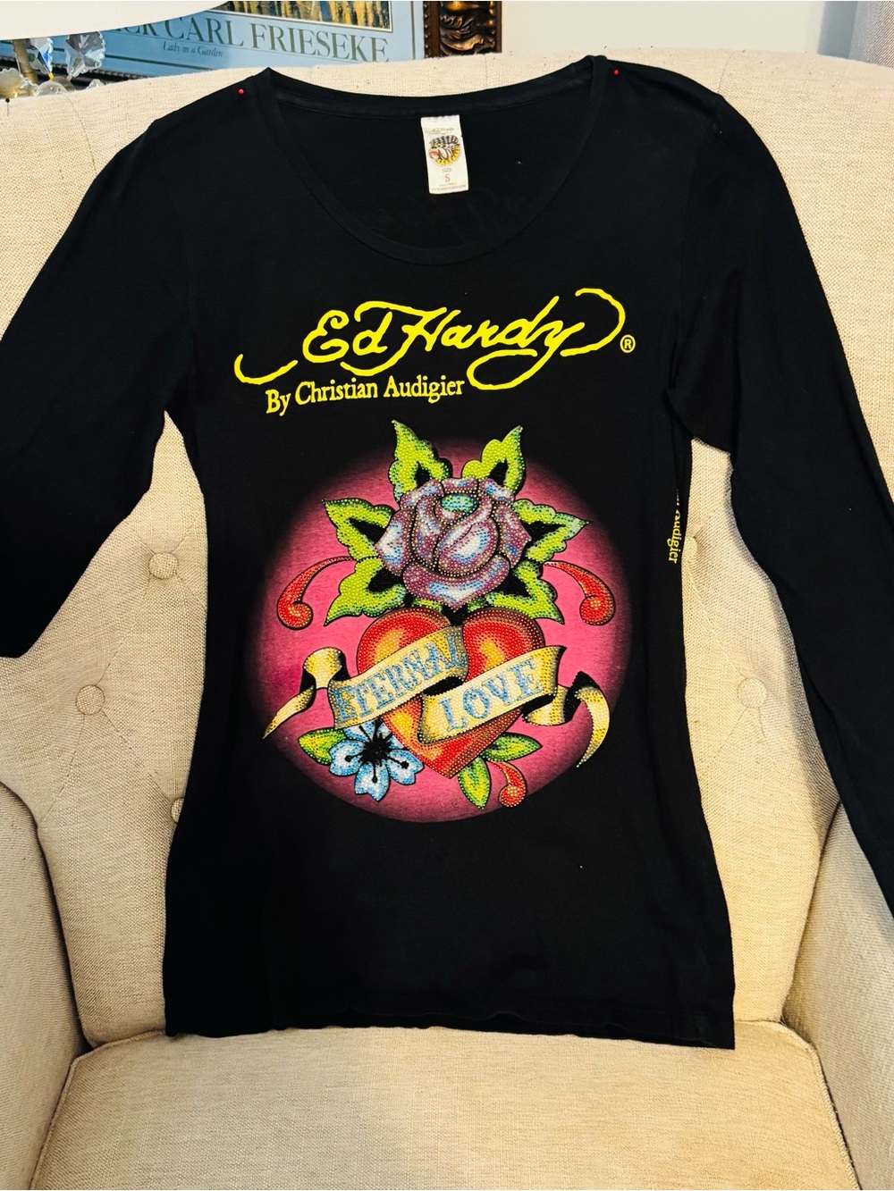 Ed Hardy Women’s Long-Sleeve Graphic Bead Embellished Tee - 'Eternal Love' Sz S